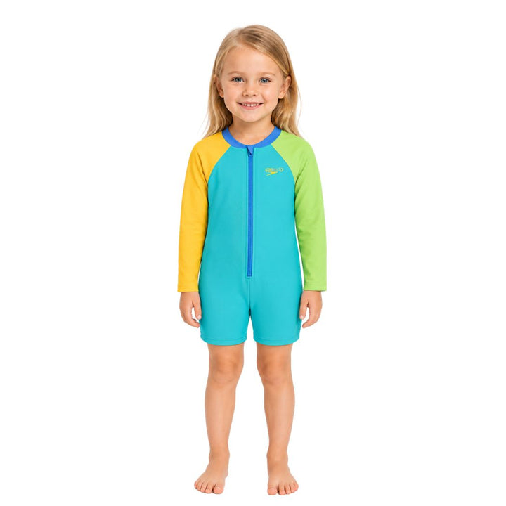 Speedo Toddler Boys Long Sleeve Colourblock Zip One Piece Aqua Breeze